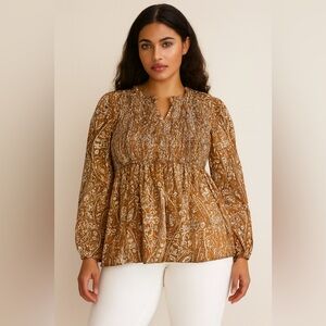 MELLODAY Soft rust Orange Paisley Long Sleeve Blouse